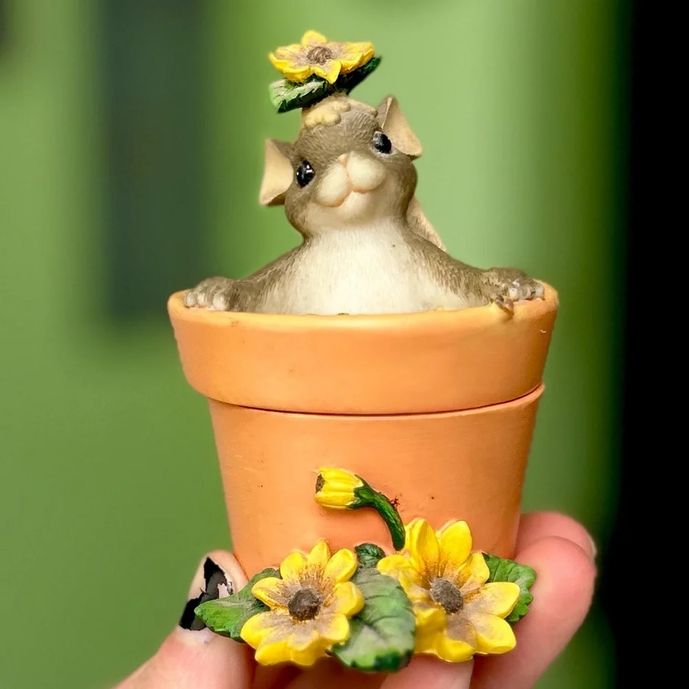 Vintage Mouse In Sunflower Flower Pot Collectible Trinket Box Figurine Decor - Picture 4 of 12
